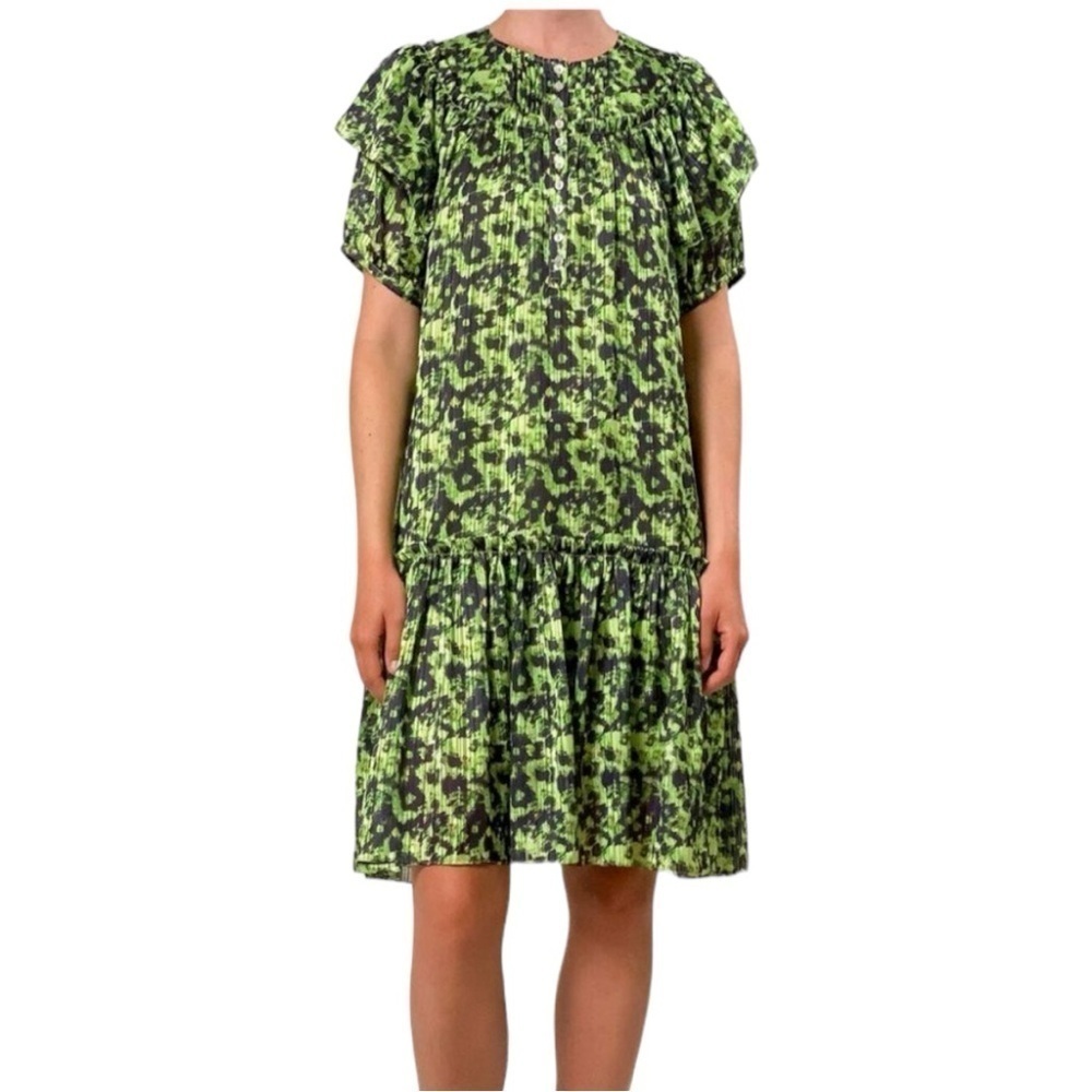 Brigitte Herskind Carlson Dress Camoflauge Puff Sleeves Ruffles Women's Size 42